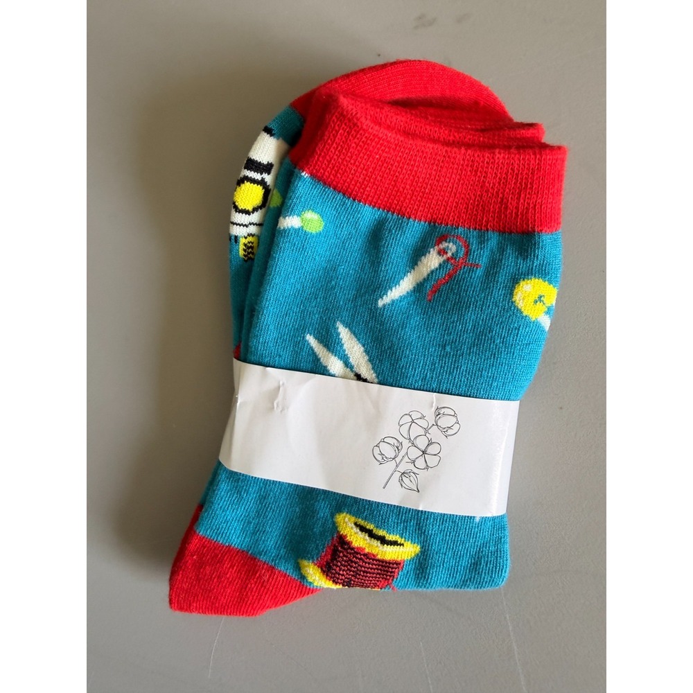 Women's Sewing Theme Crew Socks Novelty Spool Thread Scissors Needle NWT